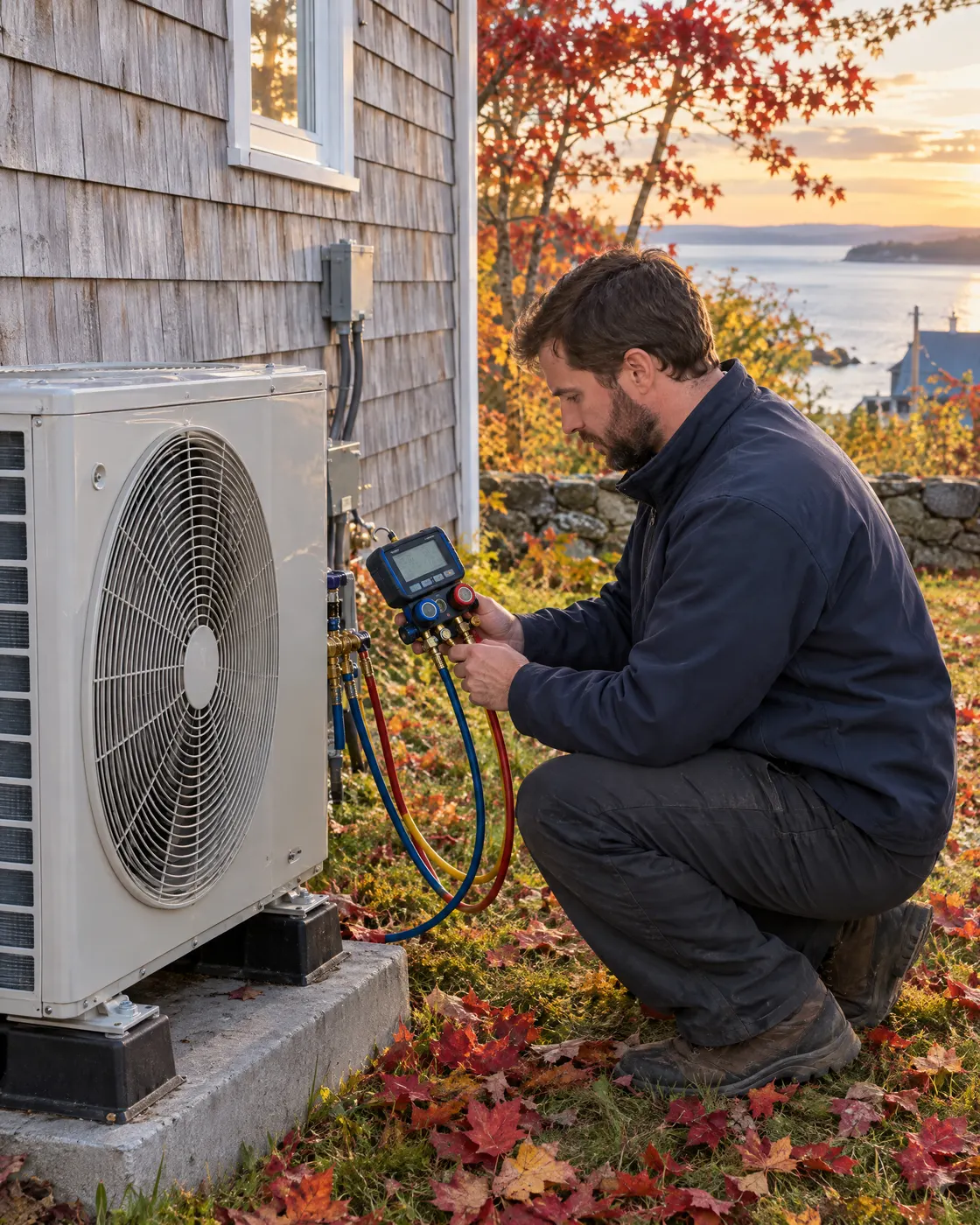 Technician checking an outdoor heat pump with refrigerant gauges beside a Halifax shingle home