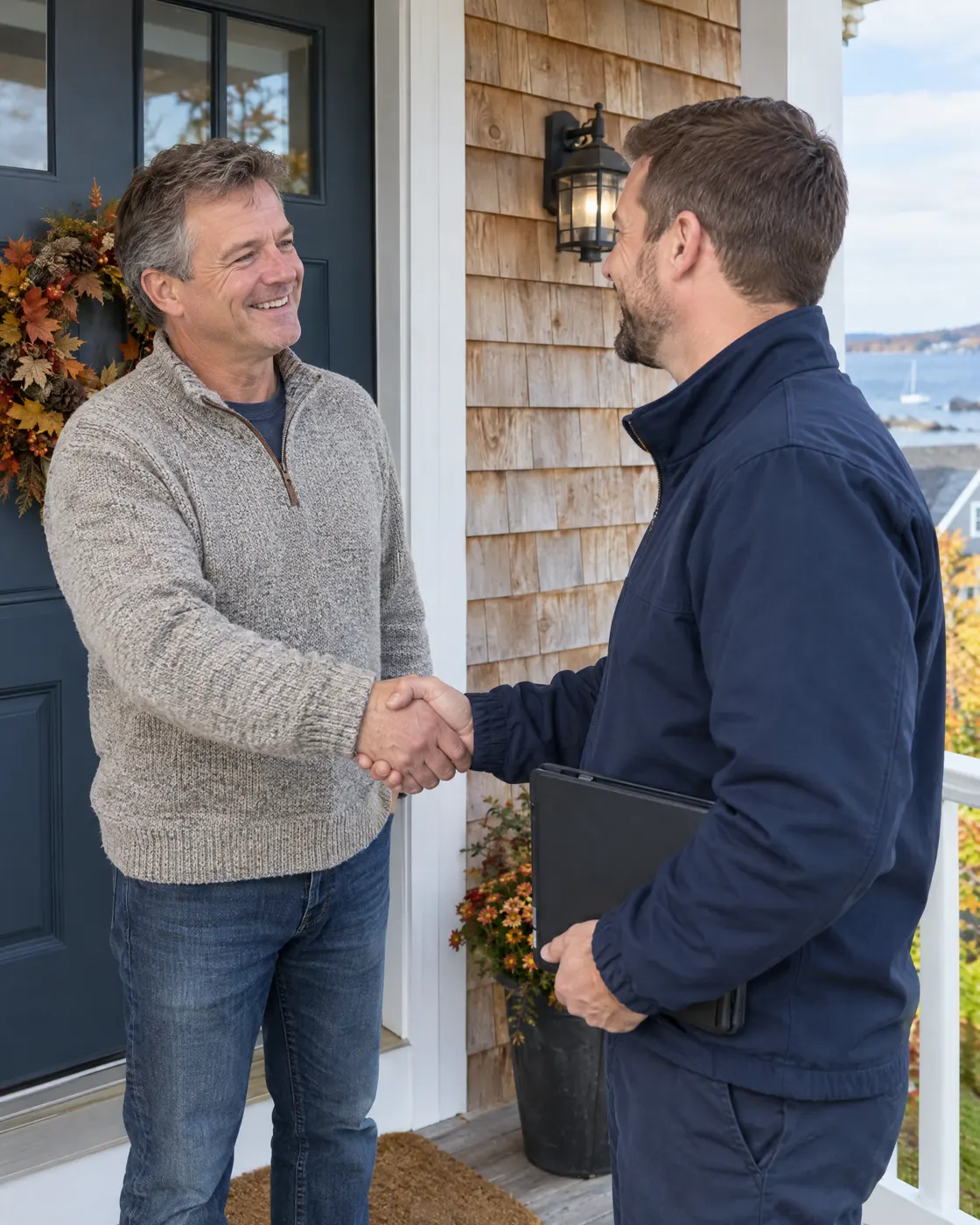 TrustM8 technician shaking hands with a homeowner at the door of a Halifax shingle home