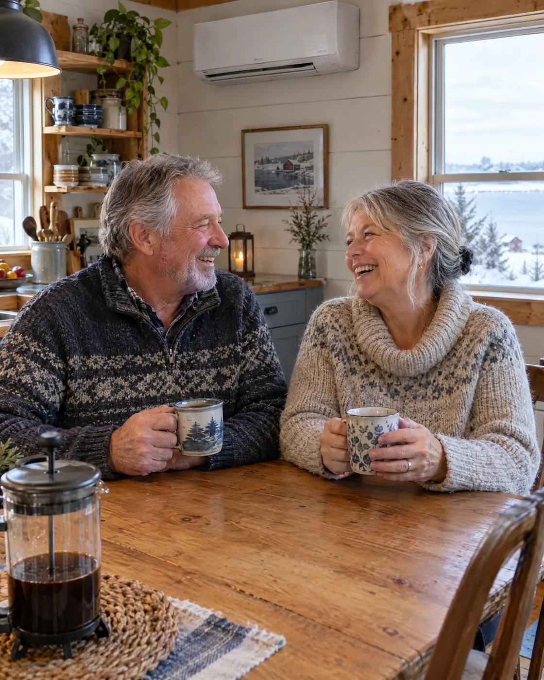 Couple enjoying hot drinks at a kitchen table beneath a wall-mounted heat pump in their Halifax home