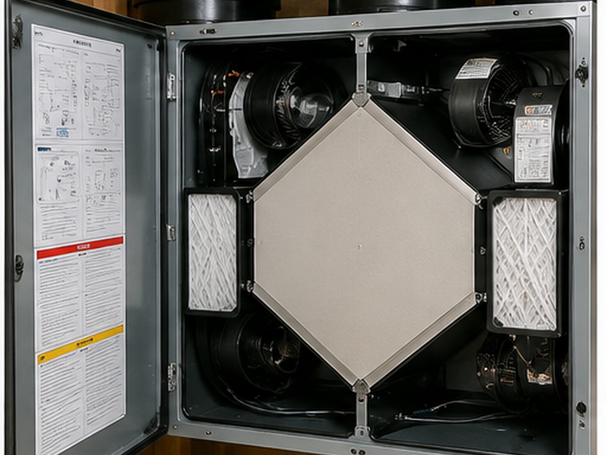 Open air exchanger (HRV) cabinet showing the core, blowers and filters