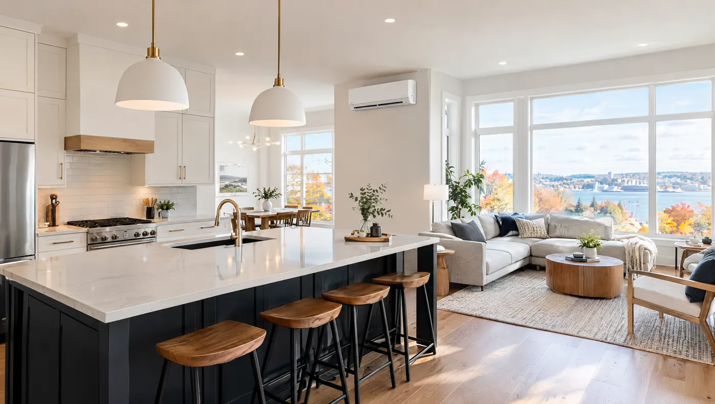 Wall-mounted heat pump above an open-plan kitchen and living room overlooking Halifax harbour