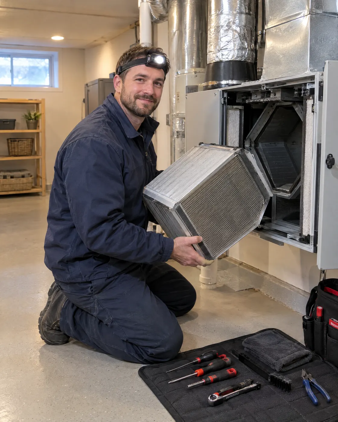 Technician holding the removed air exchanger core beside an open HRV cabinet in a Halifax basement