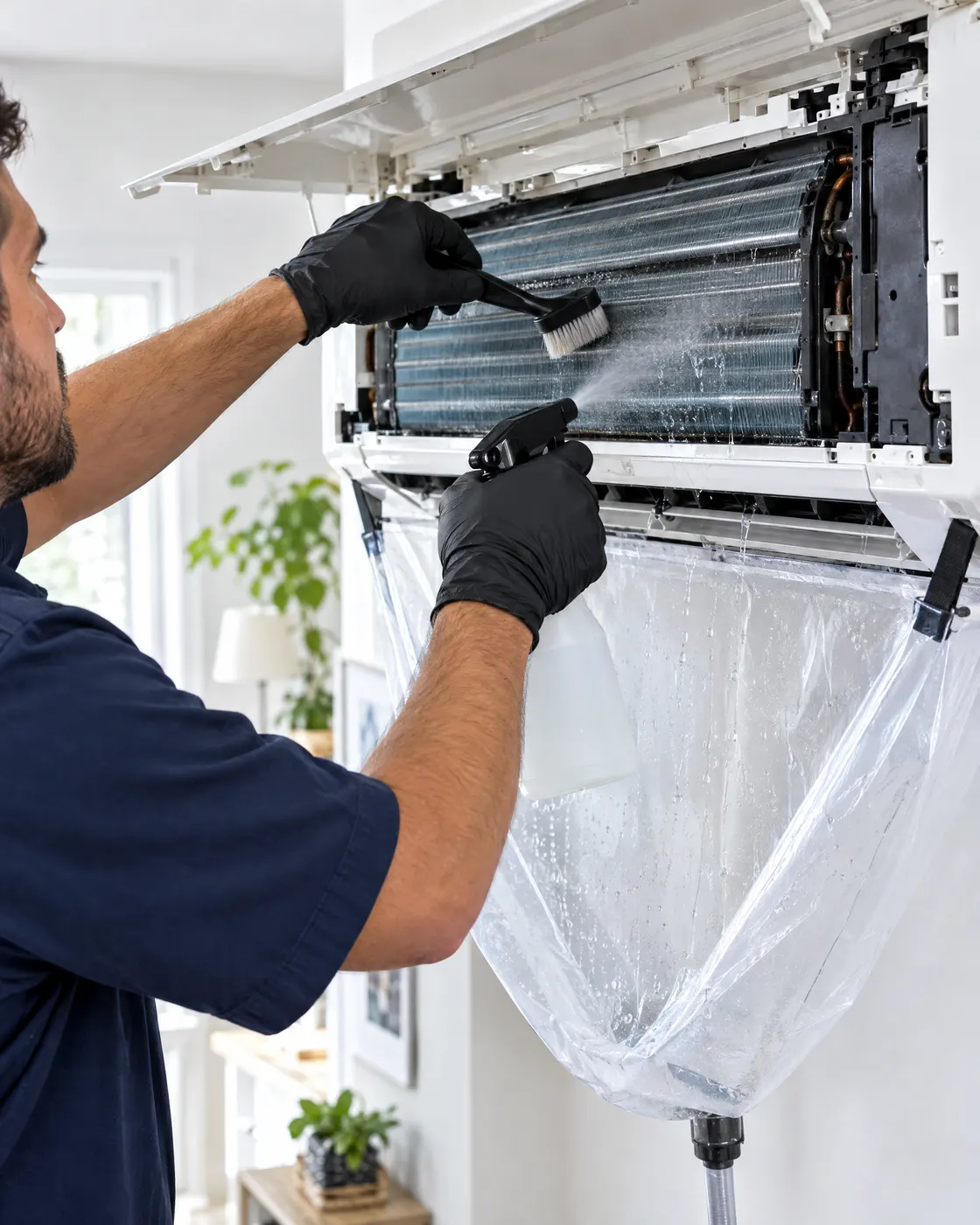 Technician in black gloves cleaning an open mini-split coil above a protective wash bag in a Halifax home