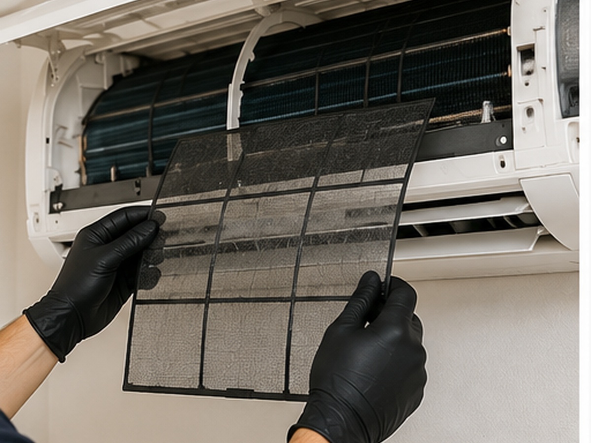 Technician removing a dirty filter from a heat pump (mini-split) indoor unit