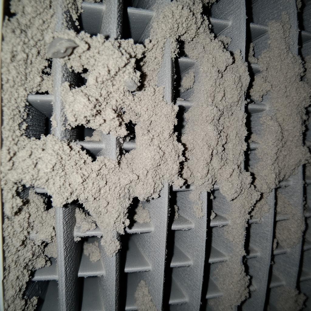 Heavily clogged HVAC filter caked with gray dust and debris