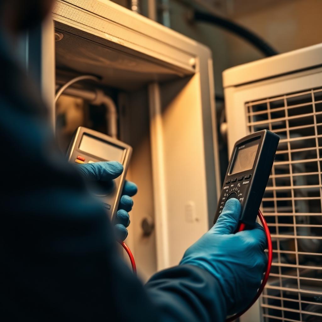 Service technician recording heat pump performance readings
